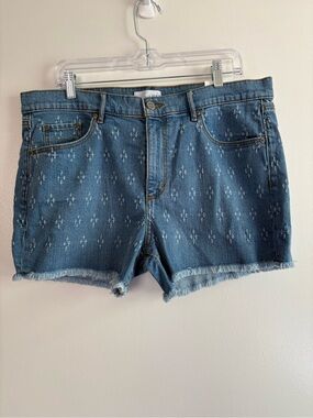 NWT LOFT Denim Cutoff Diamond Print Frayed Hem Blue Wash Size 14